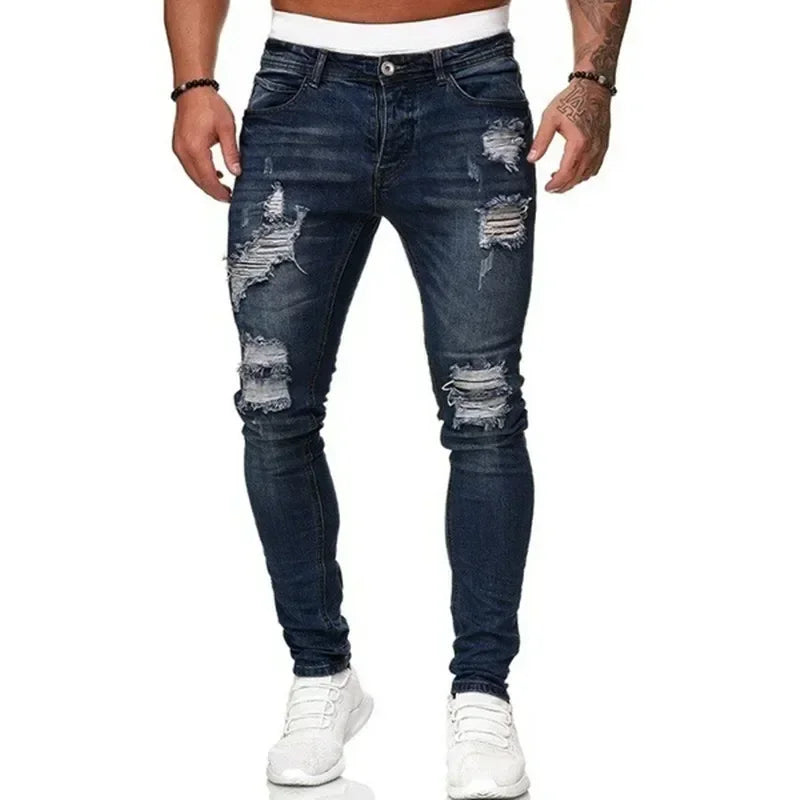 Men's Ripped Slim Fit Jeans Skinny Pencil Casual Denim Trouser Male Vintage Wash Solid Denim Pants Hot Sale Fashion Streetwear