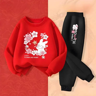 Cute Rabbit Printed Children's Sweatshirt Sweatpants Two Piece Suit |Girls Kids Outdoor Outfits