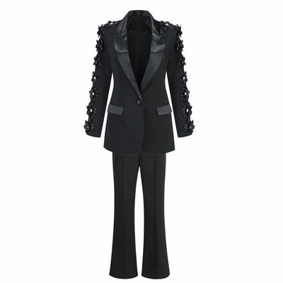 Elegant Women's Black Blazer Suit with 3D Floral Sleeve Embellishments Satin Lapel Slim Fit Two-Piece Set for Formal Party Wear