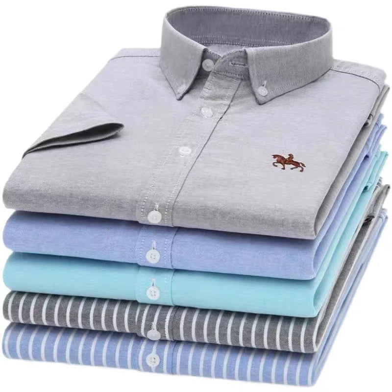 Oversized 5XL 6XL Oxford Shirts For Men 100% Cotton Short Sleeve Summer Leisure Striped Office Social Formal Blue Man Clothing