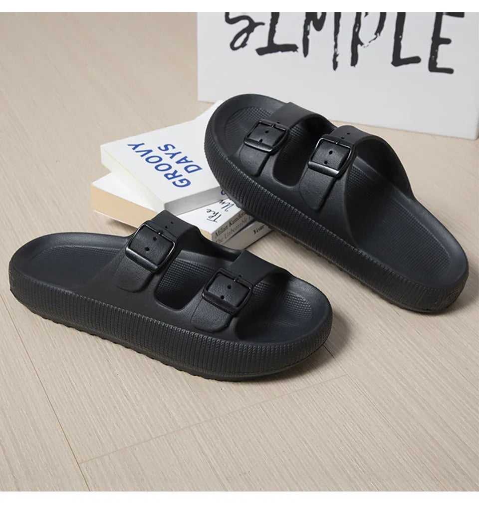 Women's Slippers Fashion Thick Sole Double Buckle Sandals Men Pool Beach Garden Quick Dry Open Toe Indoor Outdoor Shoes