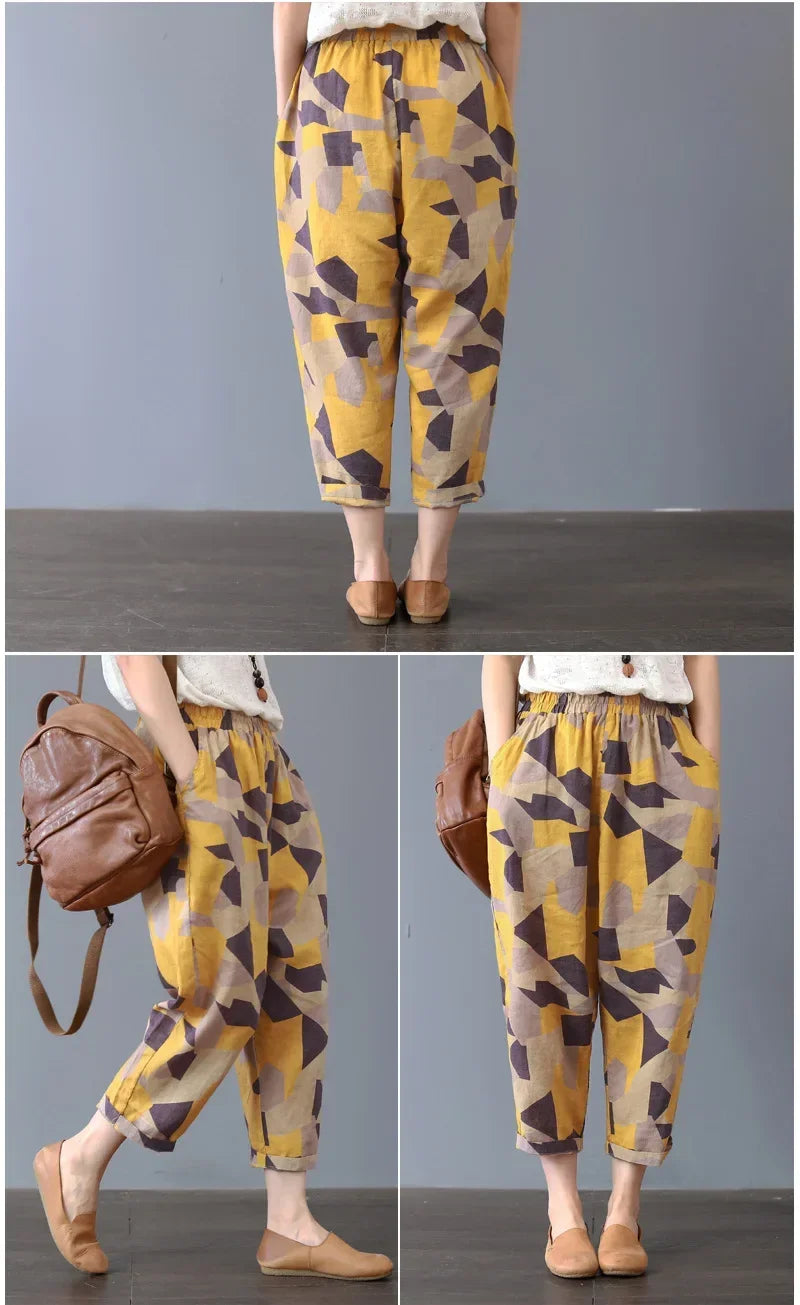 Casual Wide Leg Pants Women Summer Harem Pants for Women Retro Fashion Print Loose Cotton Linen Pants Printed Ankle-Length Pants