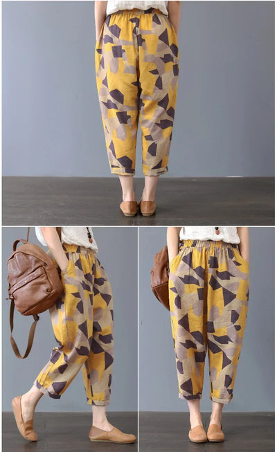 Casual Wide Leg Pants Women Summer Harem Pants for Women Retro Fashion Print Loose Cotton Linen Pants Printed Ankle-Length Pants