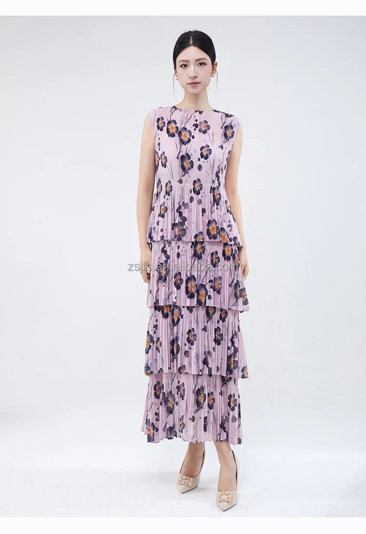 Women Dresses For Summer 2025 Miyake Pleated Dress Summer Fashion Holiday Style Printed Stretch Cake Dress