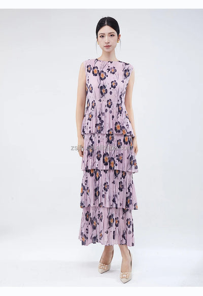 Women Dresses For Summer 2025 Miyake Pleated Dress Summer Fashion Holiday Style Printed Stretch Cake Dress