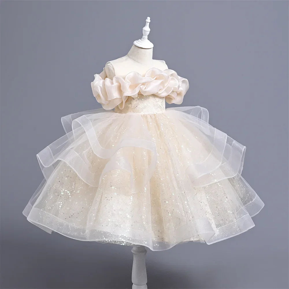 New Girl's Wedding Evening Dress Petal Sequin Mesh Sleeveless Dress Birthday Party School Graduation Party Dress