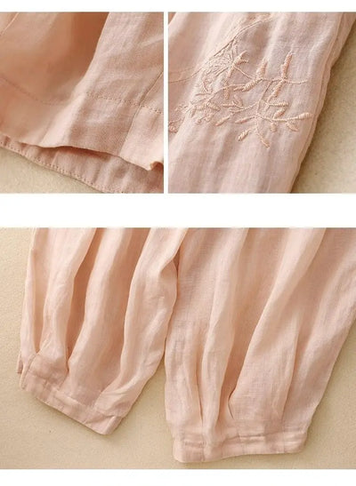 Cotton and Linen Harem Women Summer Vintage Embroidery Lightweight Breathable Lantern Pants