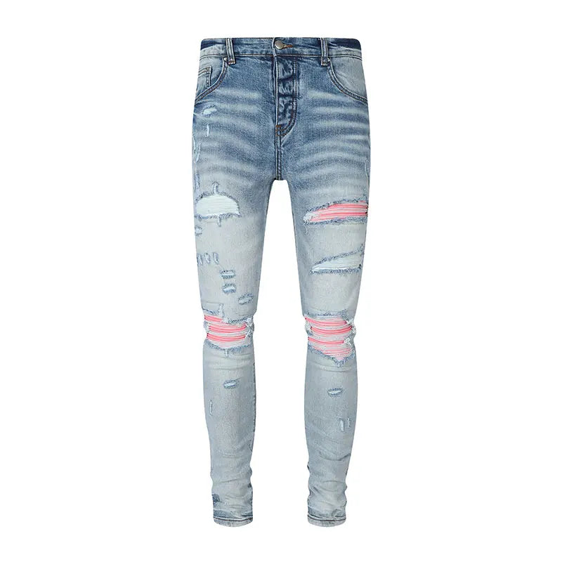 Fashion Designer Men Jeans High Quality Black Stretch Skinny Fit Leather Patched Ripped Jeans Men Y2K Brand Hip Hop Denim Pants