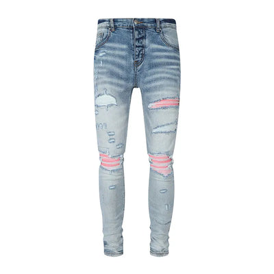 Fashion Designer Men Jeans High Quality Black Stretch Skinny Fit Leather Patched Ripped Jeans Men Y2K Brand Hip Hop Denim Pants
