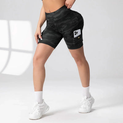 Camouflage Printed Women Shorts with 4 Pockets High Waist Butt Lifting Workout Tights Elastic Breathable Outdoor Running Shorts