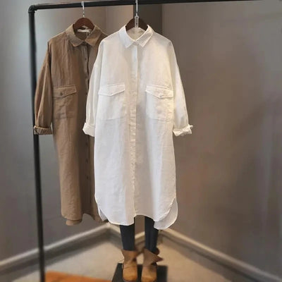 Cotton Linen Women Medium-Length White Polo Shirt Women Large Size Women Clothing Spring Autumn Design Niche Long-Sleeved Shirt