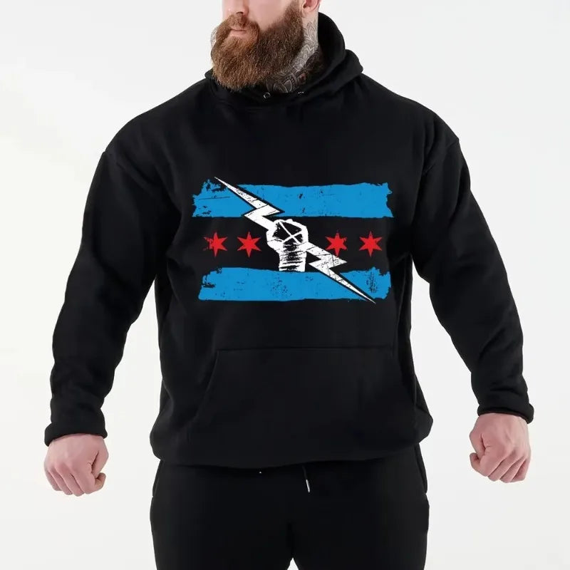 Men's Black Hooded Sweatshirt Street Casual Sportswear Printed with Famous Wrestler's Print CM Return Autumn and Winter Novelty