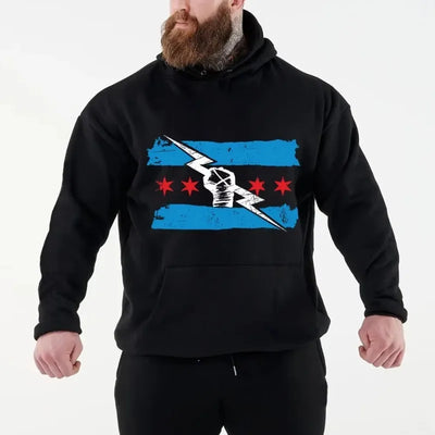 Men's Black Hooded Sweatshirt Street Casual Sportswear Printed with Famous Wrestler's Print CM Return Autumn and Winter Novelty