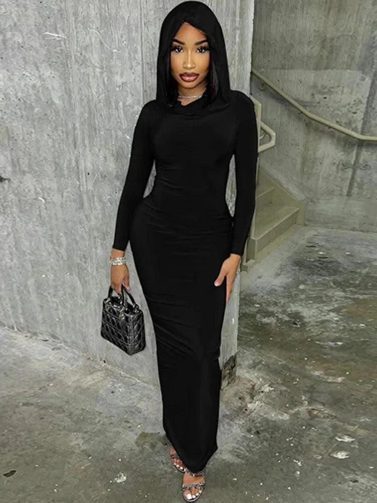 Hooded Long Dress For Women Y2k Clothes Sexy Streetwear Long Sleeve Bodycon Vestidos De Mujer Solid Robe Femme Été Back Split
