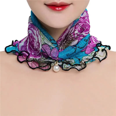 Women Ruffle Lace Scarf Pearl Pendant Chiffon Scarves Shiny Headscarf Thin High Elasticity Neck Wrap Organza Neck Collar Scarf