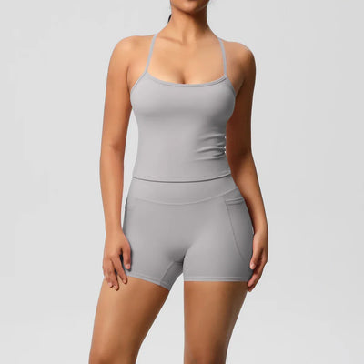 2PCS Sportswear With Pocketed Yoga Set Gym Clothes Yoga Suits For Women Tracksuits Sports Shorts Crossover Bra Gym Leggings