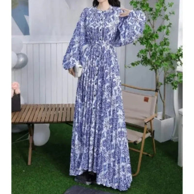 Retro Elegant Sashes O Neck Single Breasted Print Dresses Long Lantern Sleeves A-line Casual High Waist Women Autumn Clothing