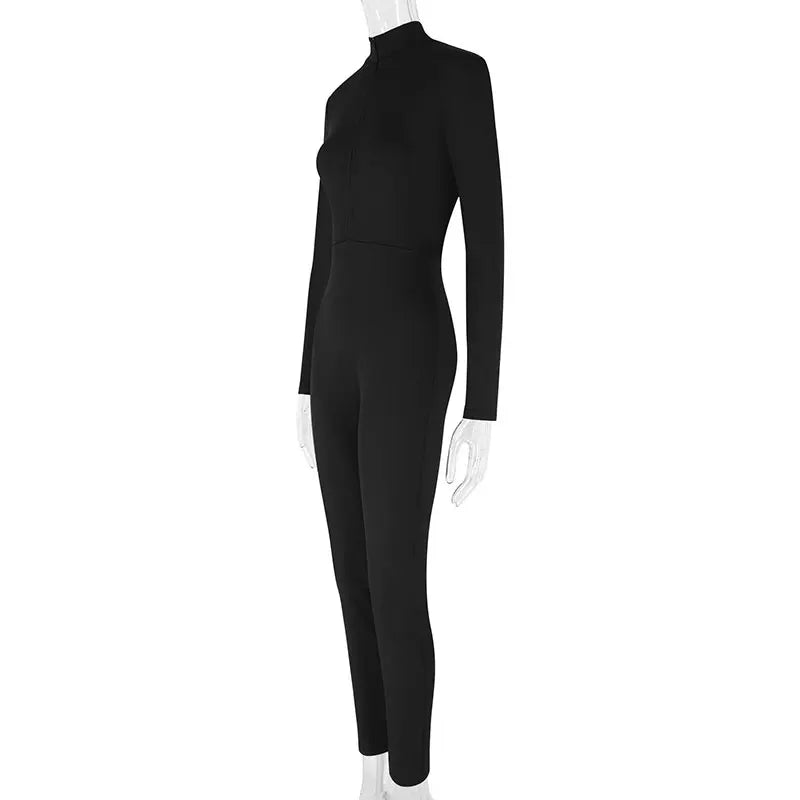 Women New Jumpsuits Spring Fashion Streetwear Long Sleeves Half High Collar Zippers Bodycon Rompers Black Sexy Female Jumpsuits