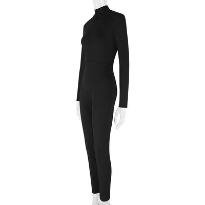 Women New Jumpsuits Spring Fashion Streetwear Long Sleeves Half High Collar Zippers Bodycon Rompers Black Sexy Female Jumpsuits