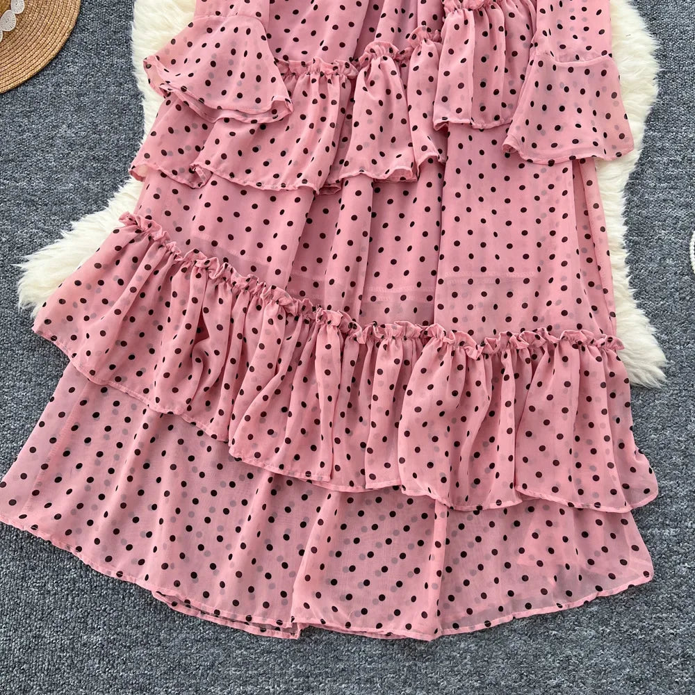 Dot Dress Women Long Dresses Print Chiffon Lace Up Flare Sleeve A Line Vestidos Streetwear Elegant Splice Y2k High Waist Party