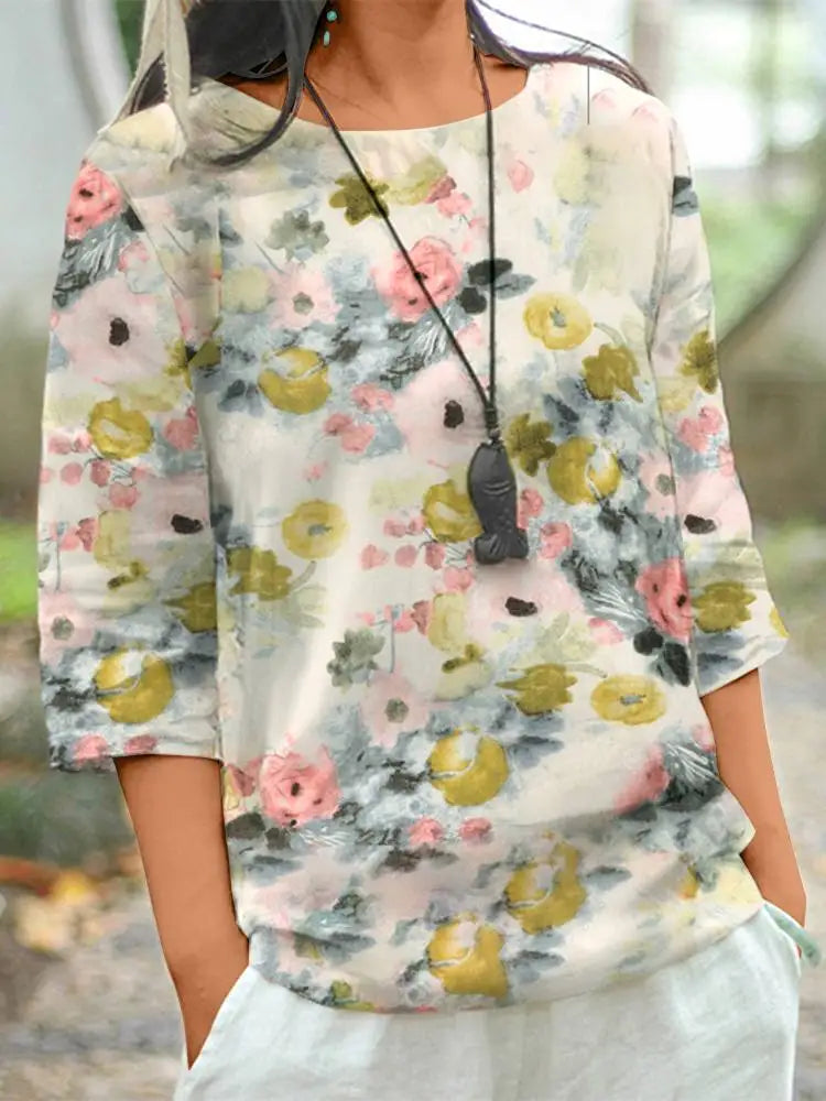 ZANZEA Women Cotton Linen Blouses 2024 Summer Bohemian Floral Printed Blusas Fashion 3/4 Sleeve O-Neck Top Casual Loose Shirts