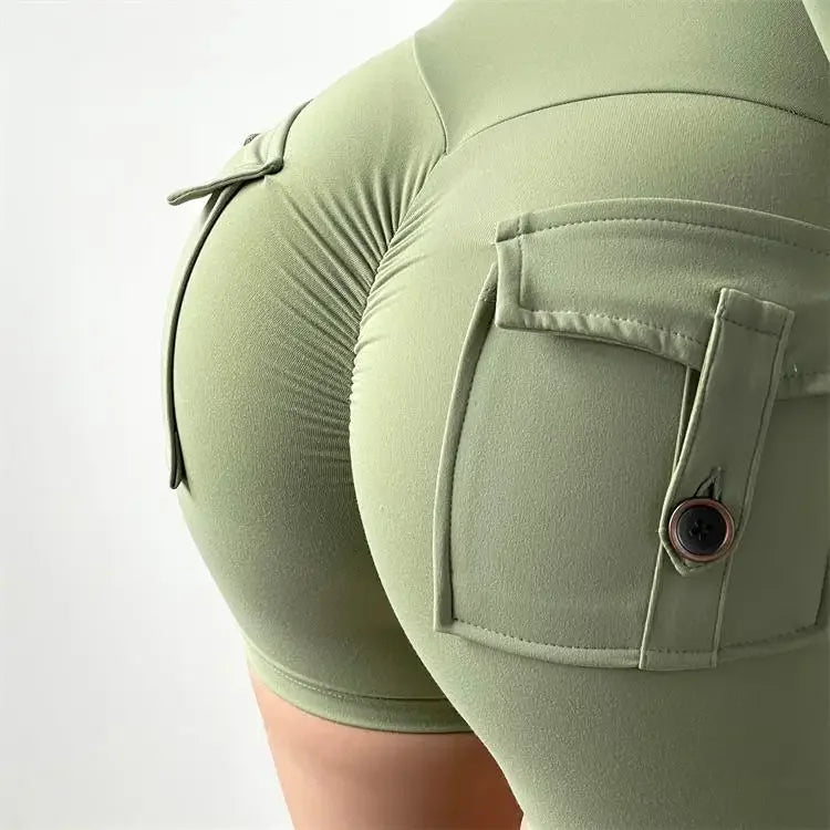 Shorts Women Solid Yoga Pants Pocket Button Short Pant Slim Fit Trousers Wrap Hip Splice Sporty High Waist Lady Summer
