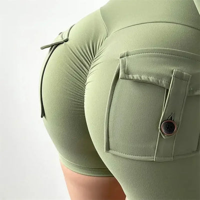 Shorts Women Solid Yoga Pants Pocket Button Short Pant Slim Fit Trousers Wrap Hip Splice Sporty High Waist Lady Summer