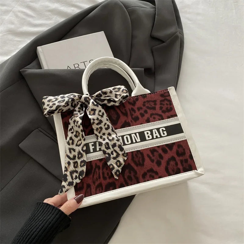 Fashion Leopard Print Top-handle Bags For Women, Bow Ribbon Decoration Designer Handbags Ladies Casual Tote