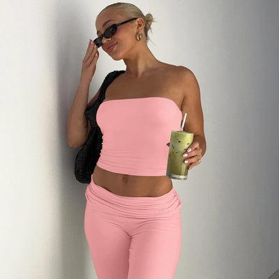 Women's Clothing 2025 Spring Fashion New Item Solid Color Strapless Top Flared Pants Fashionable Slim Fit Sports Suit for Women