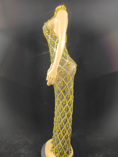 Women Sexy Stage Shining Rhinestone Sequins Dress Evening Prom Birthday Dress Transparent Performance Singer Club Host Dress