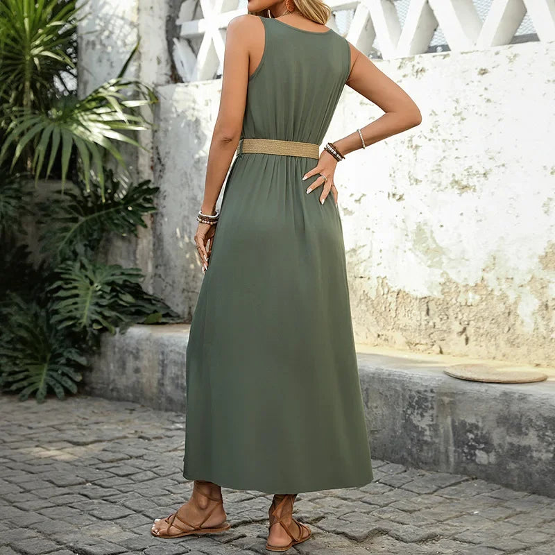 New European and American Dress for Women Clothing Leisure Vacation Simple Split Fork Solid Sleeveless V-neck Dress with Belt