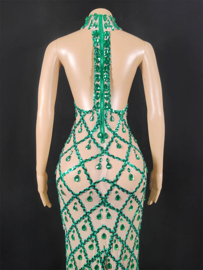 Women Sexy Stage Shining Rhinestone Sequins Dress Evening Prom Birthday Dress Transparent Performance Singer Club Host Dress