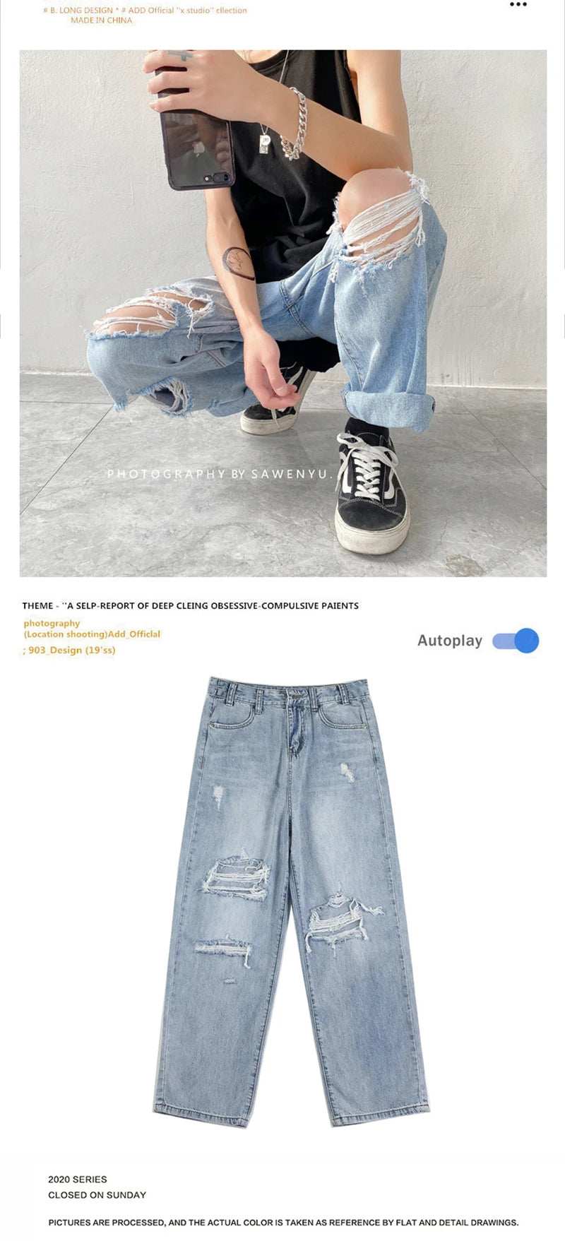 Summer Mens Ripped Jeans Blue Loose Fit Hole Wide-leg Pants Casual Fashion Trousers Streetwear High quality Denim Man Clothing