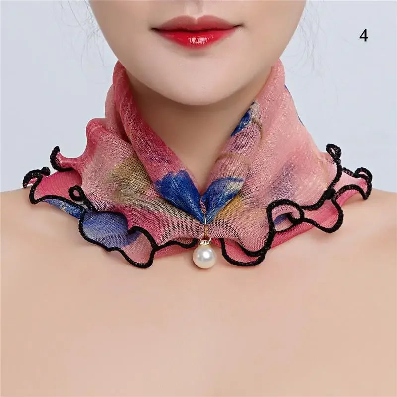 Women Ruffle Lace Scarf Pearl Pendant Chiffon Scarves Shiny Headscarf Thin High Elasticity Neck Wrap Organza Neck Collar Scarf