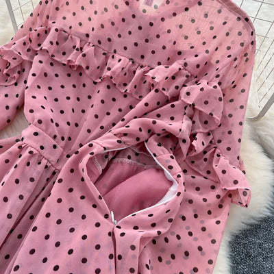 Dot Dress Women Long Dresses Print Chiffon Lace Up Flare Sleeve A Line Vestidos Streetwear Elegant Splice Y2k High Waist Party