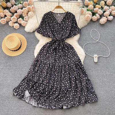 French Chic Dress Beach Style Floral Print Dresses Female V-Neck New Summer Ruffles A-Line Vestidos Women Clothes