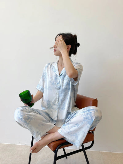 Fashion Elegant Female Pajamas Lounge Wear Set Sexy Print Flower Sleepwear Trouser Suits Spring Summer Loose Satin Home Wear