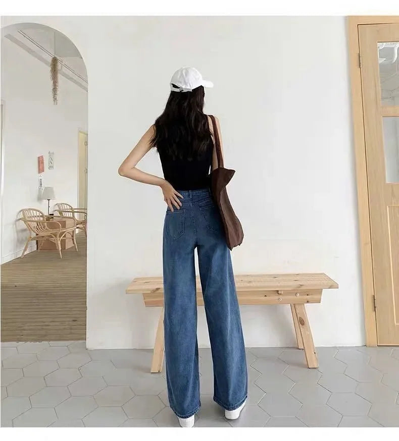 Loose Straight Cylinder Women Jeans High Waist Slimming Long Pants Trendy Cotton Fabric Comfortable Casual Style