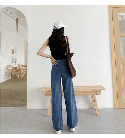 Loose Straight Cylinder Women Jeans High Waist Slimming Long Pants Trendy Cotton Fabric Comfortable Casual Style