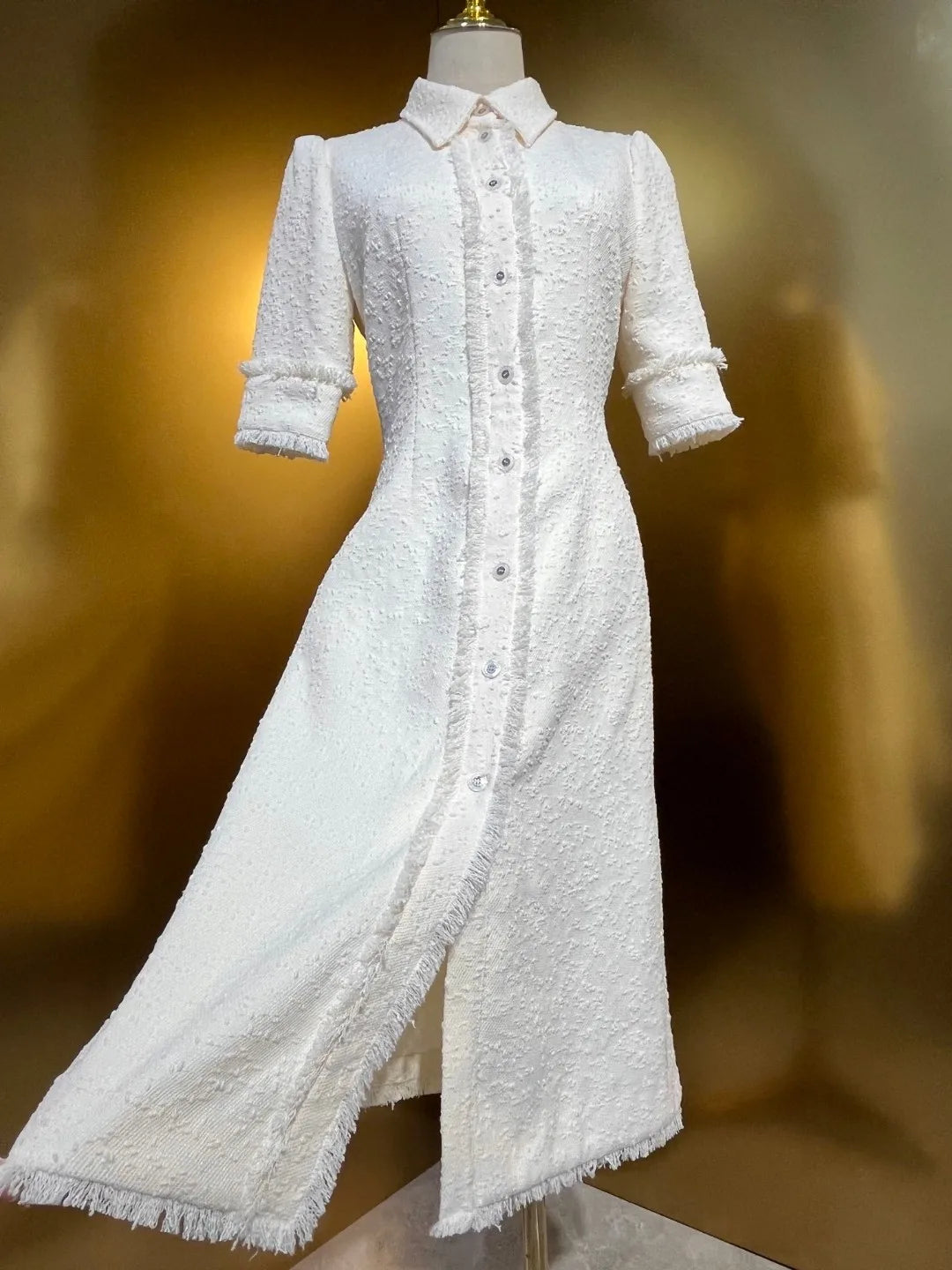 HIGH QUALITY Luxury Designer Autumn Women Cotton Blend  Elegant Tweed Shirt Midi Dress Short Sleeve In White Runway Fashion 2024
