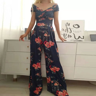 Women's Fashion Printed Casual High Waist Jumpsuit Ladies Sexy Off Shoulder Flower Short Sleeve Wide Leg Jumpsuit Woman Rompers