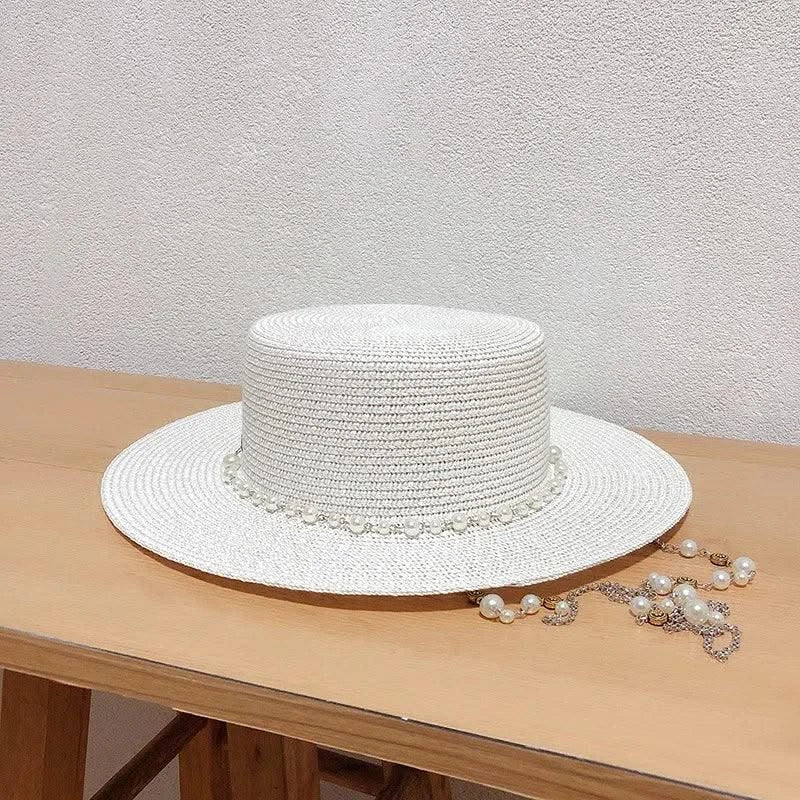 New Women Summer Hats Straw Sun Hat Panama Elegant Straw Fedoras Lady Girl Outdoor Vacation with Pearl Chain Sunshade Beach Hat