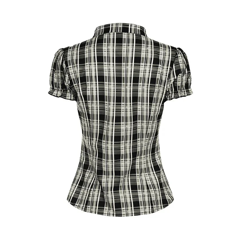 French Chic Ruffles Elegant Women T-Shirts Simple Fashion Slim Fit All-Match Plaid V-Neck Blouses