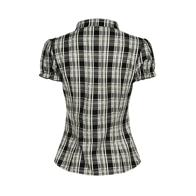 French Chic Ruffles Elegant Women T-Shirts Simple Fashion Slim Fit All-Match Plaid V-Neck Blouses