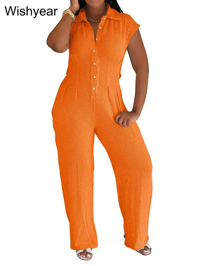 Women Casual Ribbing Loose Straight Jumpsuit Sleeveless Button High Waist One Pieces Wide Leg Rompers Summer Streetwear Overalls