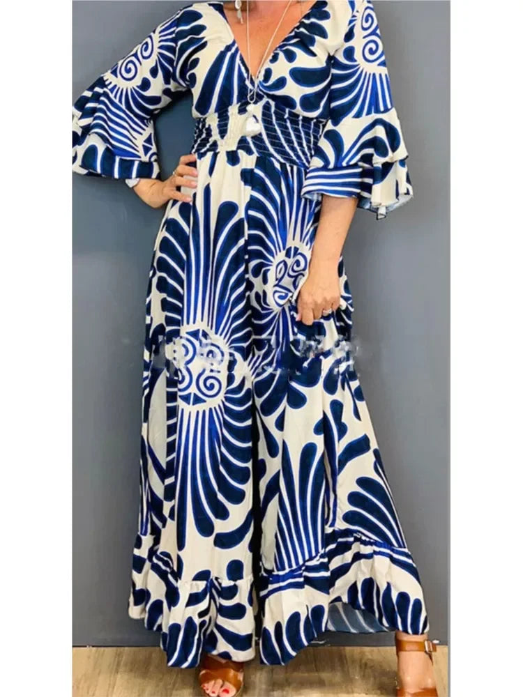 Fashion Print Jumpsuit Female Casual Deep V Neck Ruffles Three Quarter High Waist Wide Leg Pants Jumpsuits Women Summer Clothes