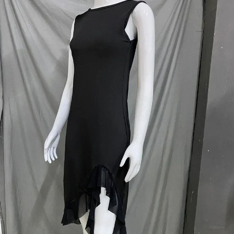 Wefads Women Maxi Dress Summer Elegant Solid Sleeveless Nipped Waist Slim Backless Ruffled Irregular Party Dresses Streetwear
