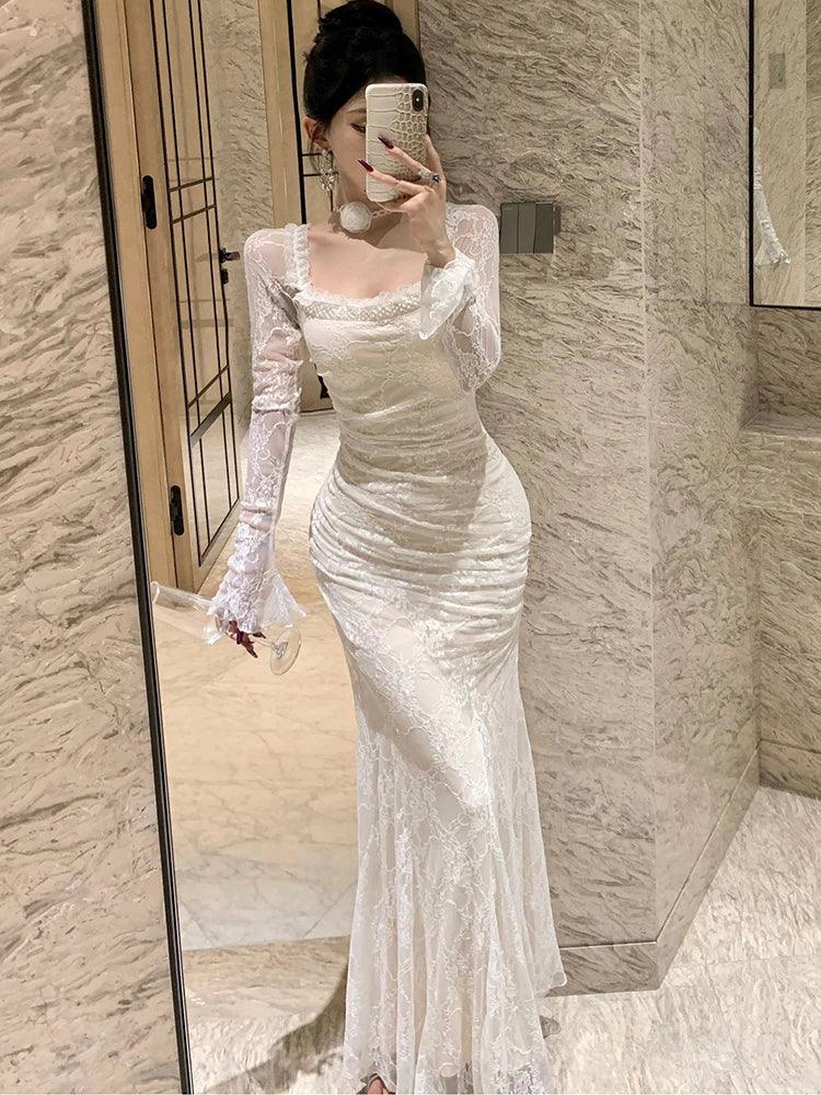 Women Korean Fashion Chic Luxury Evening Dress Autumn Winter White Lace Diamond Square Collar Dress 2025 Elegant Mermaid Dresses