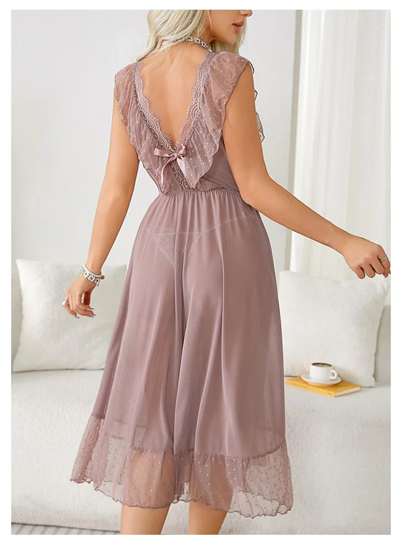 Women's Sexy Lingerie Nightgown Semi Sheer Babydoll Sleepwear Dress With Polka Dots Bow Knot Decor Summer Mesh V-Neck Loungewear