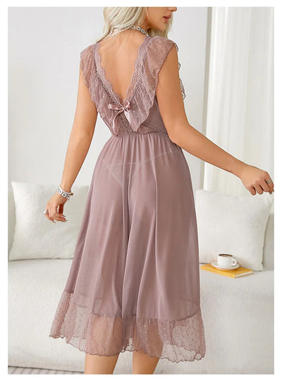 Women's Sexy Lingerie Nightgown Semi Sheer Babydoll Sleepwear Dress With Polka Dots Bow Knot Decor Summer Mesh V-Neck Loungewear